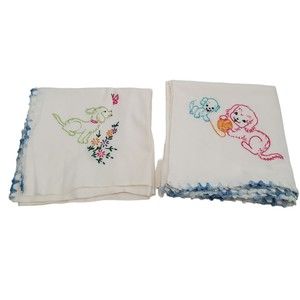 Vintage 1950ies White Blue Tea Towels Embroider Poodles Puppy Dogs Flowers